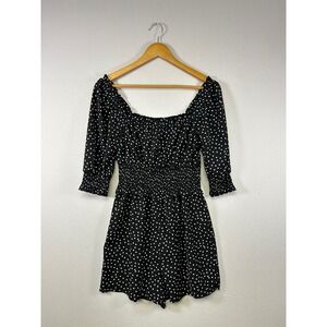Paper Crane Polka Dot Romper Womens Small Black White Smocked Waist Puff Sleeve